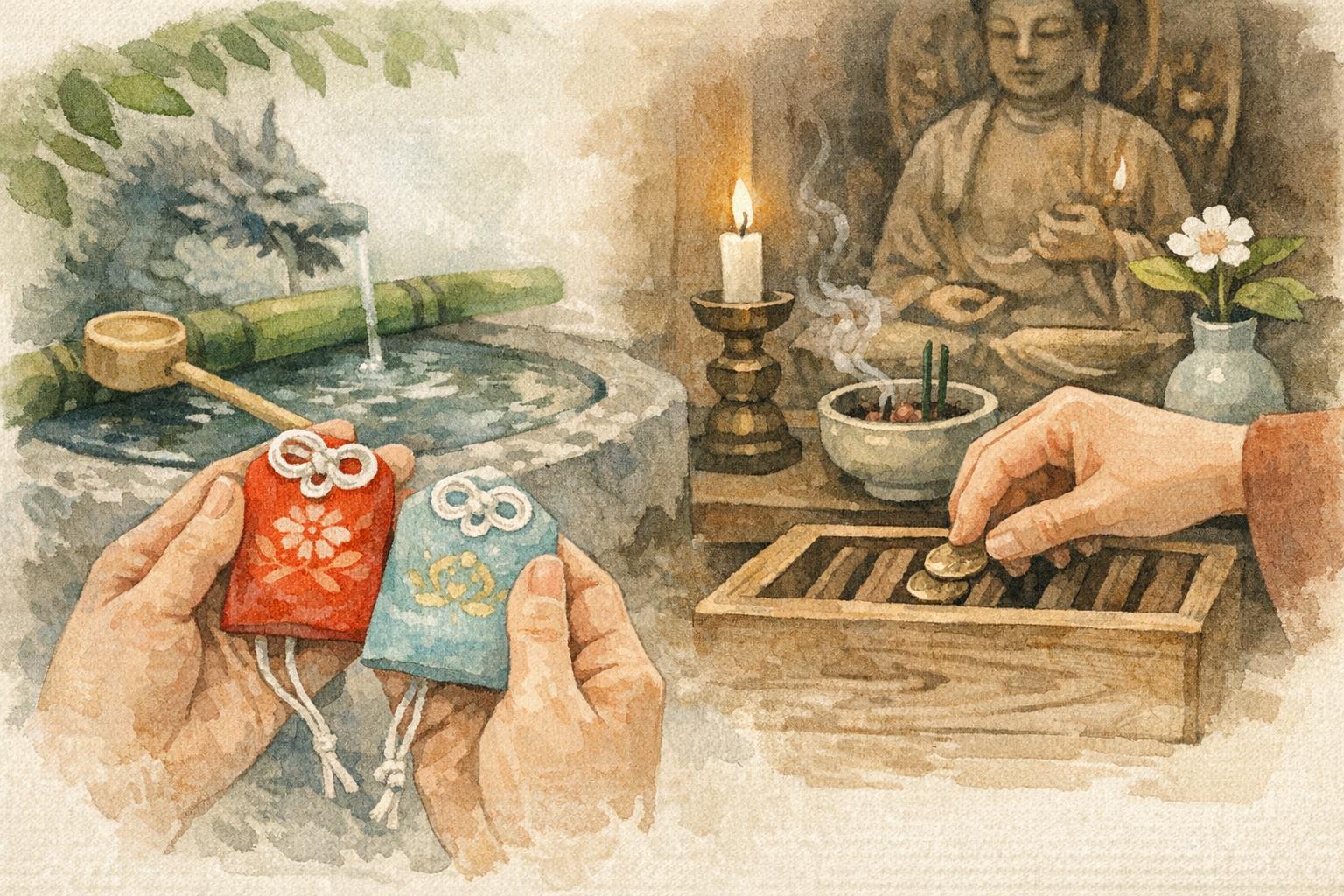 Shinto and Buddhism in Everyday Japan detail image showing buying a charm, washing hands at a shrine basin, ringing a bell, or making a…