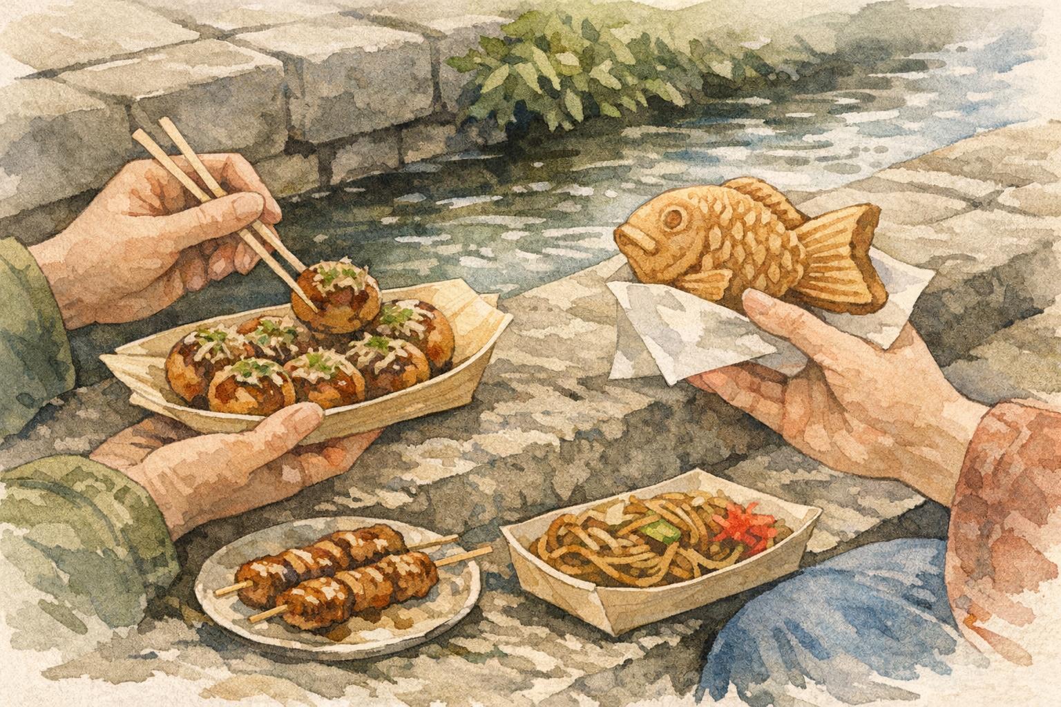 Japanese Street Food: What You Should Try First detail image showing takoyaki, yakitori, taiyaki, yakisoba, karaage, and regional grilled…